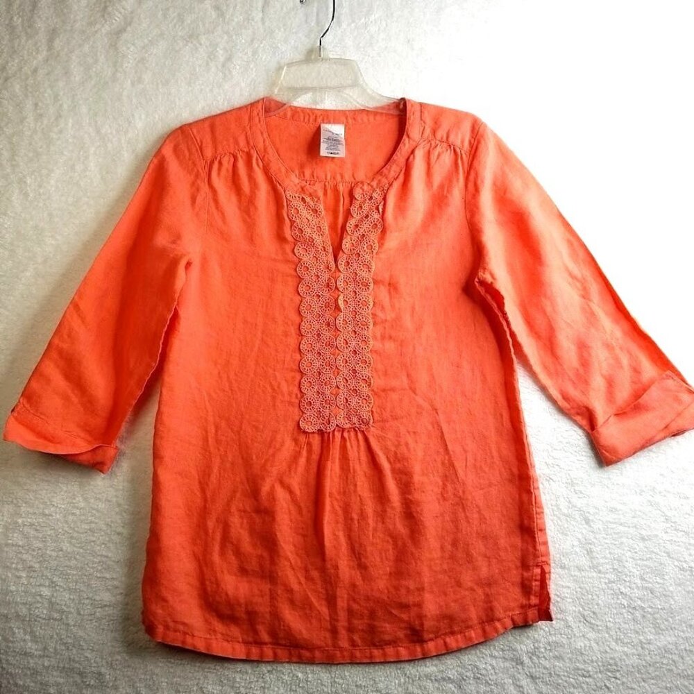 Lands End Shirt‎ Womens 6 Petite Linen Tunic Orange 3/4 Sleeves V Neck Lace